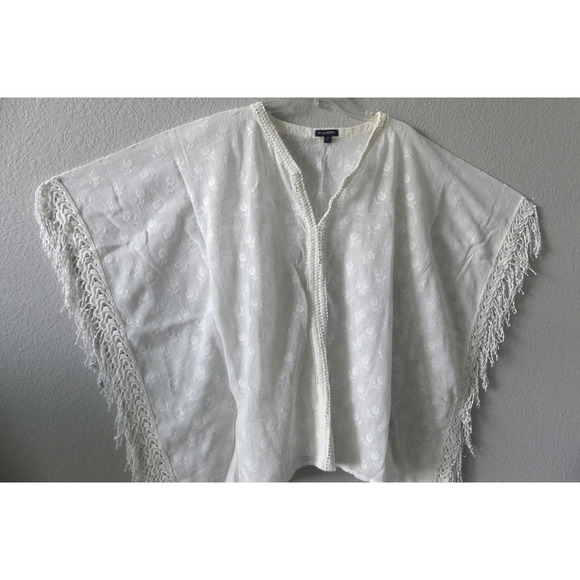 Max Edition Floral Lace Kaftan Shirt Women L/XL Batwing Sleeve Sheer Fringe Trim - Picture 3 of 13